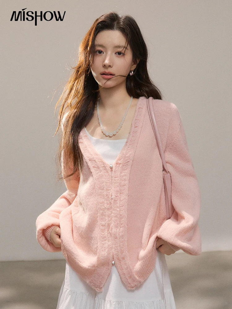 MISHOW Women's Pink Sweet Knit Cardigan 2026 Spring V-Neck Ruffled Trim Pearl Button Cardigans Loose Knitted Sweater MXF108Z1028