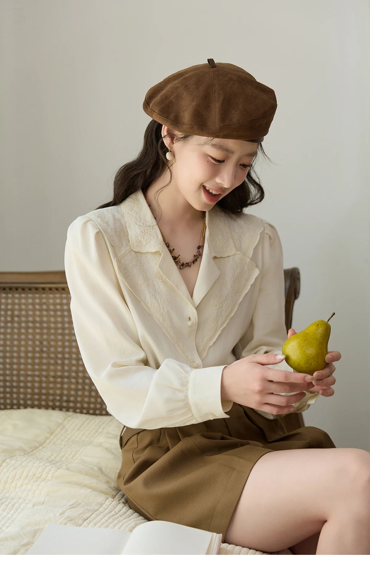 MISHOW Women's Casual Shirts 2025 Autumn Apricot Retro Lace V-neck Top Long Sleeve Lightweight Shirts Women Clothing MXE45X2486