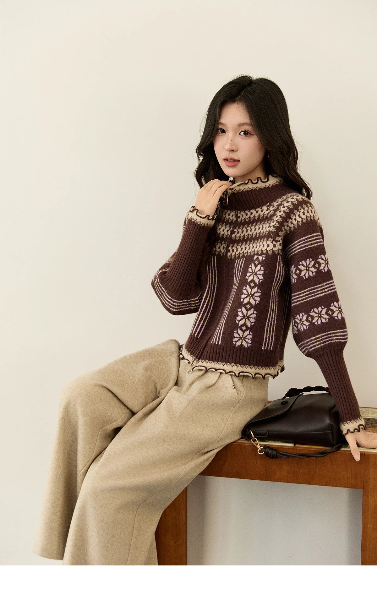 MISHOW Women's Brown Knitted Fair Isle Sweater Vintage Jacquard Lantern Sleeves Zipper Top Ruffled Trim Warm Sweaters MXE91Z2868
