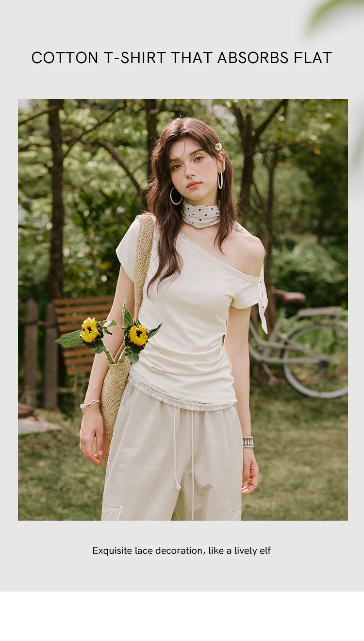 MISHOW Sexy Summer New T-shirts Women 2025 Short Sleeve Skew Collar Off-shoulder Lace Shirt Female Versatile Thin MXE31T0503