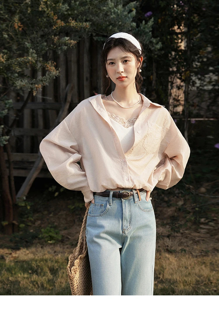 MISHOW Casual Spring Shirt Women New 2025 Long Sleeve Turn-down Collar Fake Two-piece Blouses Lady Fashion Loose Tops MXE16C0777
