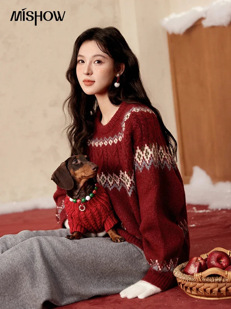 MISHOW Red Christmas Fair Isle Knitting Sweater Vintage Color Clash Raglan Sleeve O-Neck Loose Thick Warm Knitted Top MXD58Z1035