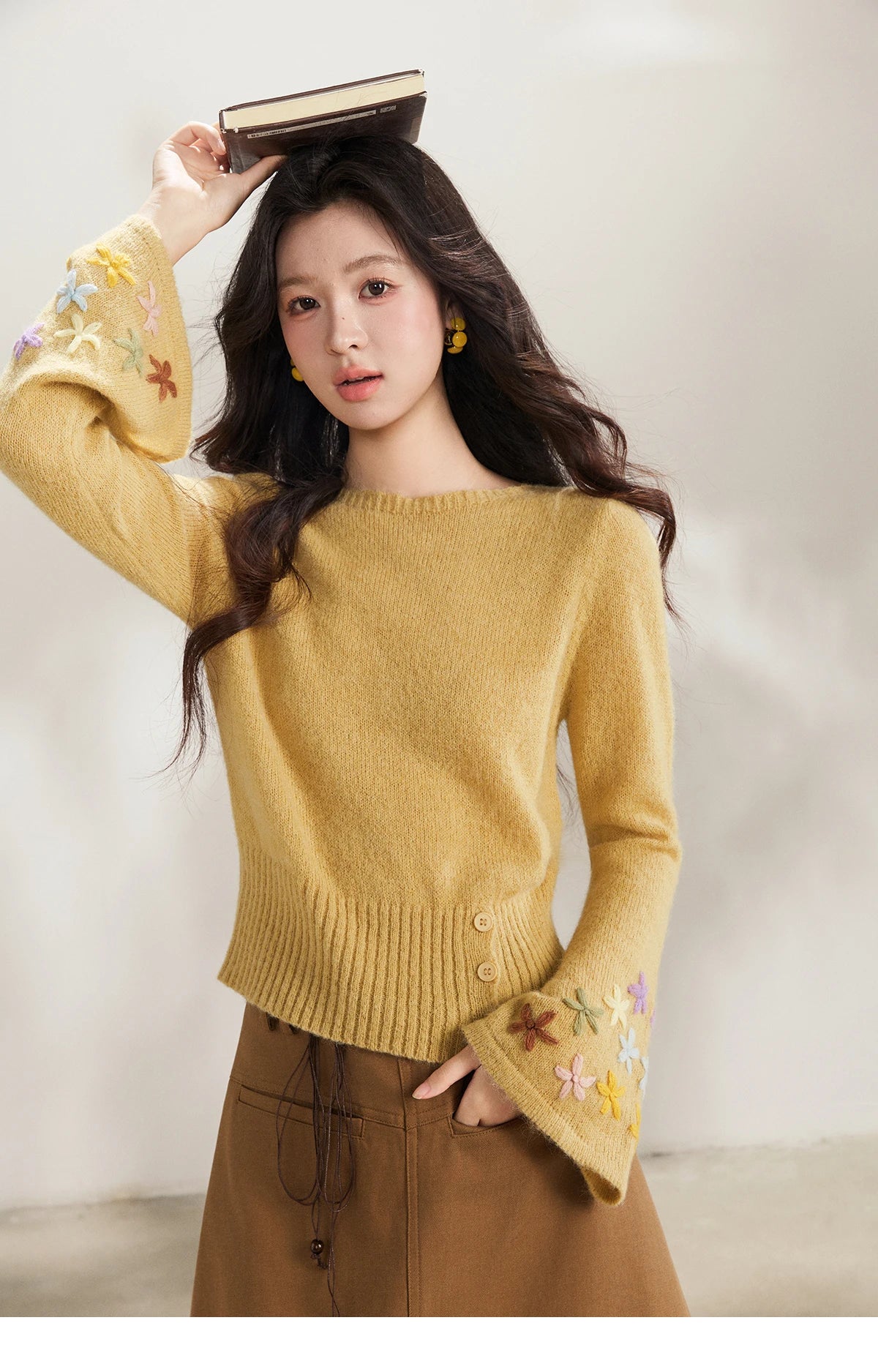 MISHOW Floral Embroidered Boat Neck Flare Sleeve Knit Tops 2026 Spring Side Button Slim Casual Soft Yellow Sweater MXE94Z2864