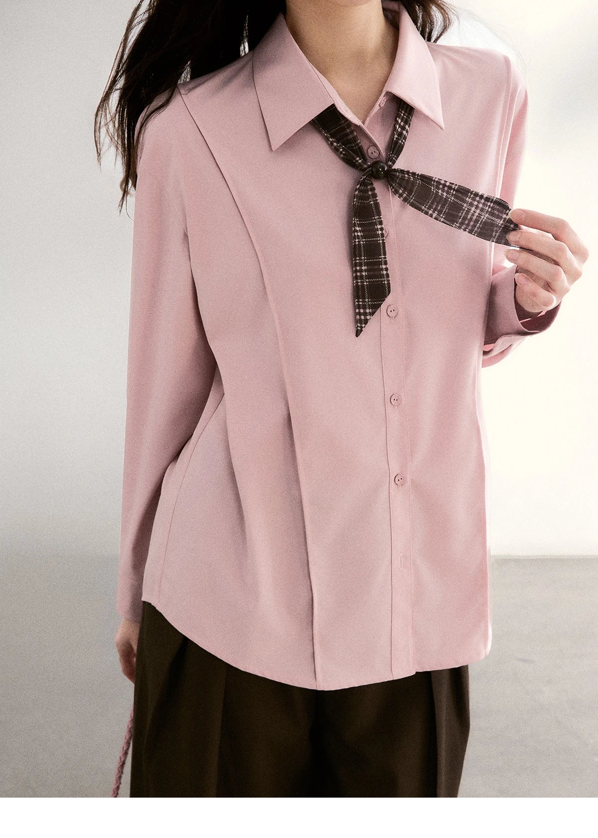 MISHOW Women's Casual Loose Shirt with Plaid Scarf 2026 Spring Lapel Tops Versatile Long Sleeve Shirts Office Lady MXF108C0815