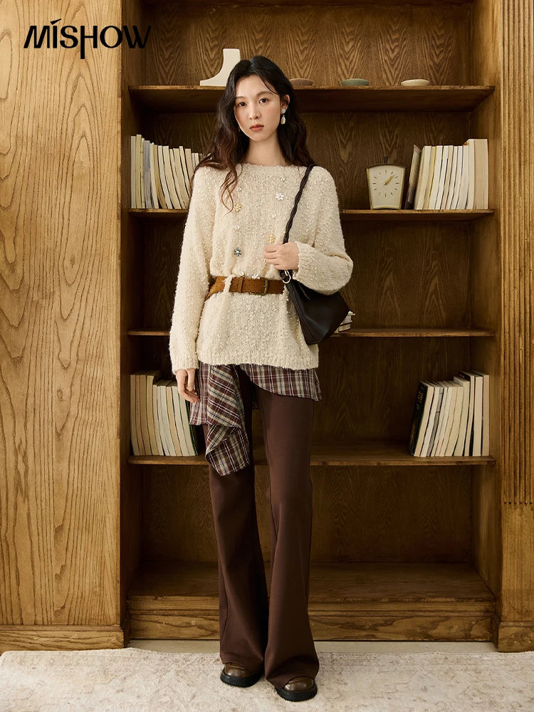 MISHOW Sweater Woman Wool 2025 Autumn New Belt Waist Design Drop Shoulder Sleeves Knit Top Commute Pullover Women MXE46Z2582