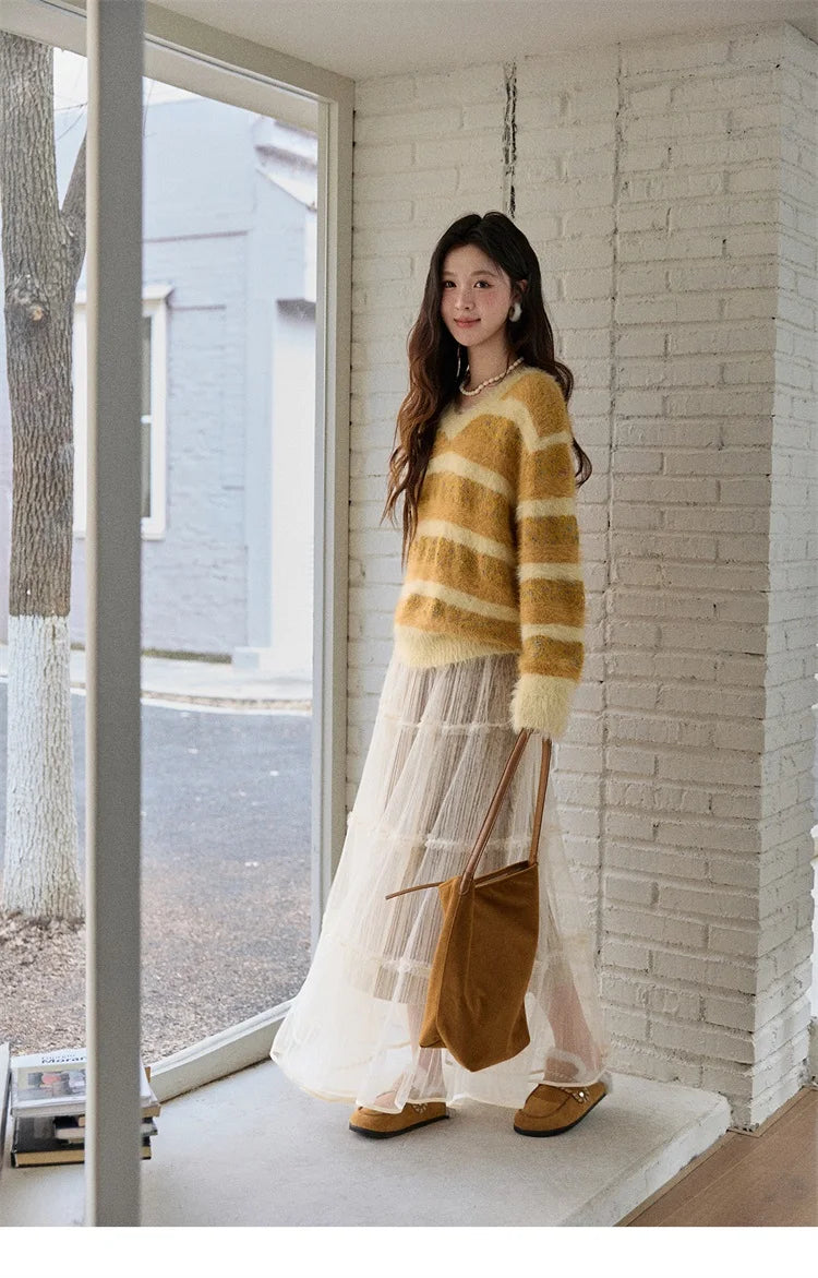 MISHOW Women's V-neck Knit Pullover Retro Yellow Striped Sweater 2025 Casual Faux Mink Jacquard Loose Knit Sweater MXE87Z2766