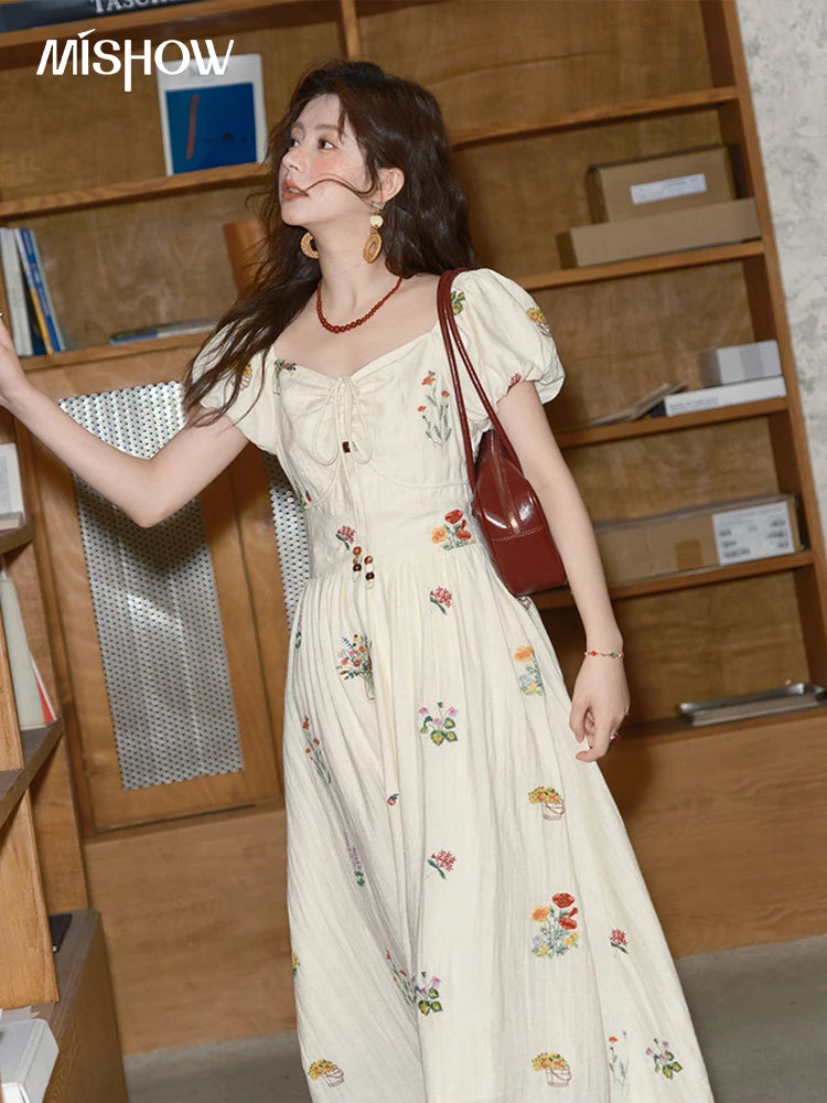 MISHOW Fashion Flower Embroidery Dress for Women Summer 2025 New Square Neck Lace Up Puff Sleeve Large Swing Dresses MXE37L2315