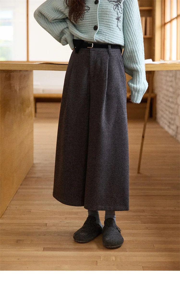 MISHOW Women's Pants 2025 Fashion Gray Wool Wide-leg Pants High-waisted Cropped Retro Style Commuting Pants Warm MXE90K1128