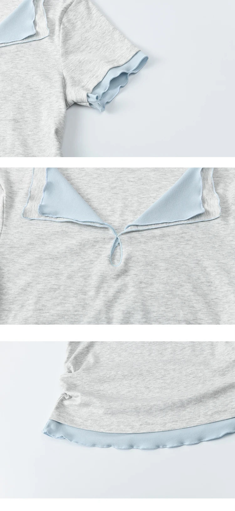 MISHOW Grey Blue Fake Two Piece Contrasting T-shirt for Women Summer 2025 Lapel Wavy Edge Slim Tees Cotton Blend Top MXE35T0567