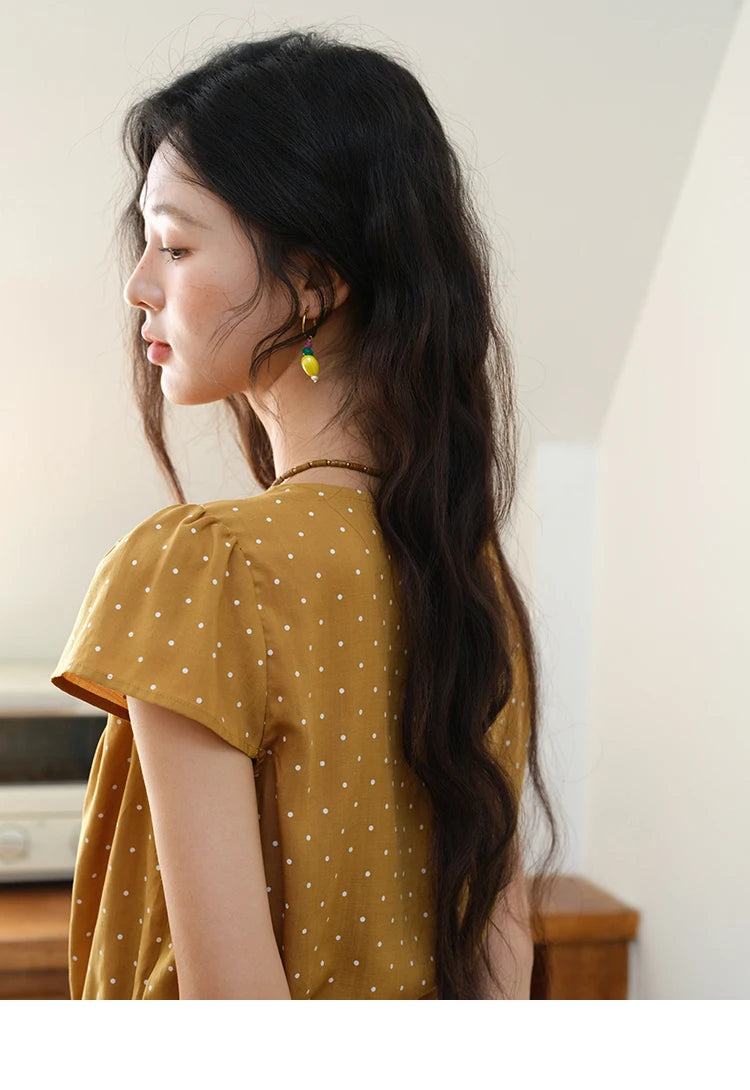 MISHOW Women's V-neck Lace Splicing Blouse 2025 Summer New Ladies Fashion Polka Dot Hollow Ruffle Button Female Top MXE38X1847