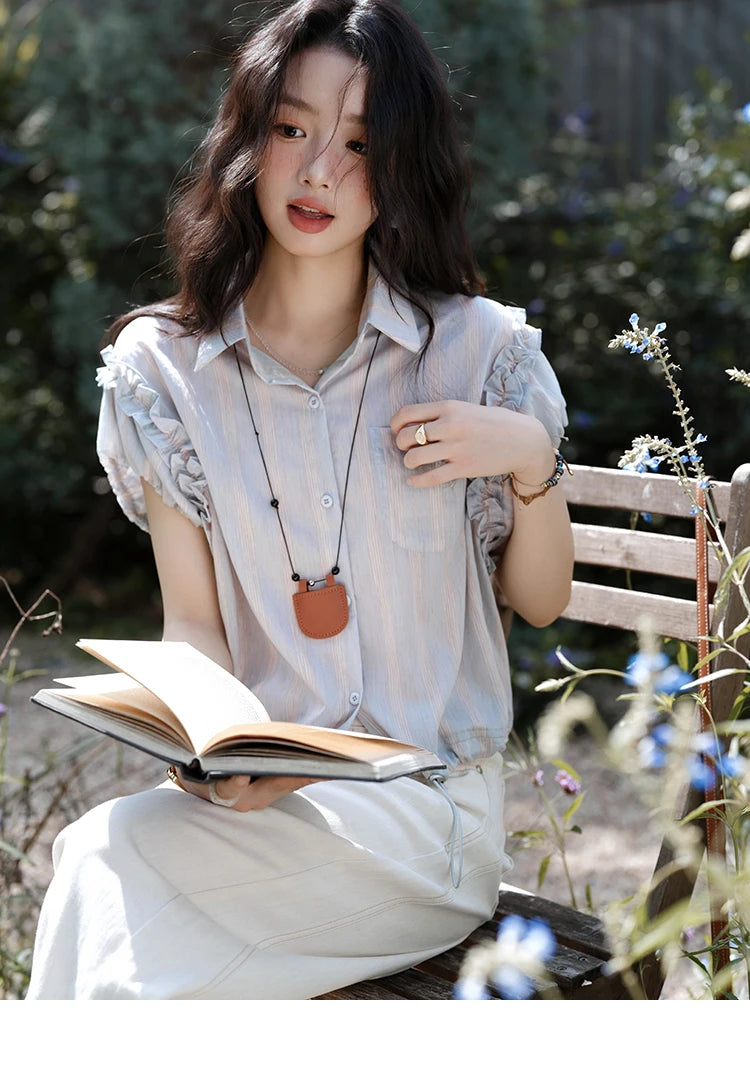 MISHOW Women's Short Sleeve Shirt 2025 Summer Ladies Turn-down Collar Button Shirt Casual Striped Top Female Clothing MXE38C2347