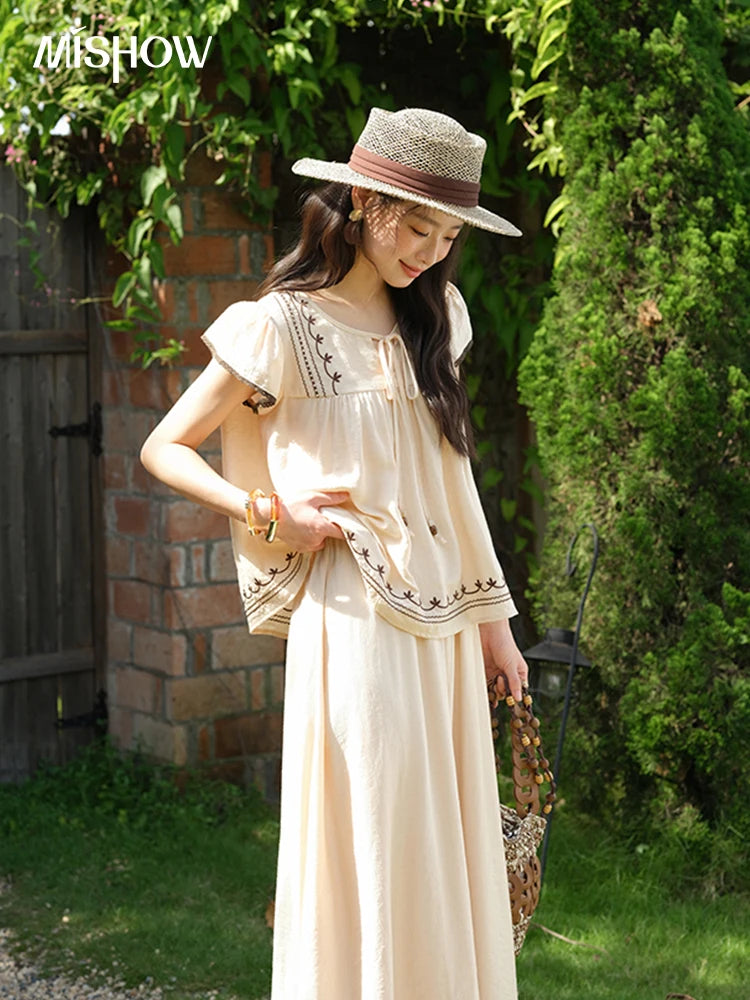 MISHOW Women Two Piece Set 2025 Summer Female Embroidery Flying Sleeve Lace Spliced Top Loose Elastic Waist Skirt Set MXE39T0667