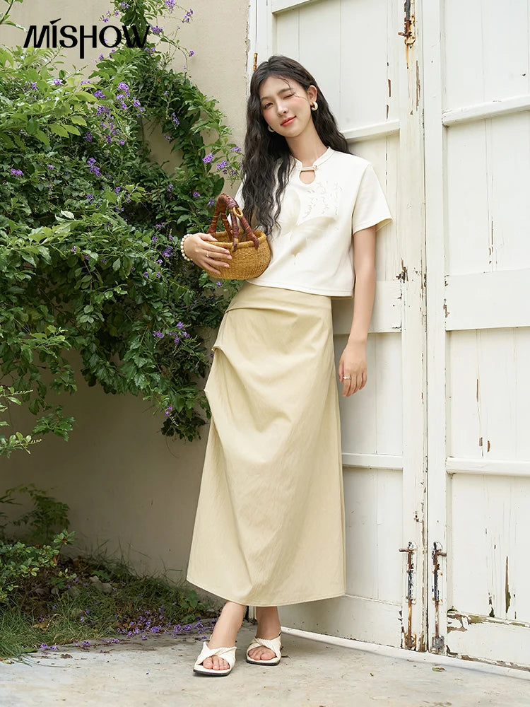 MISHOW Chinese Stand Collar Top Pleated Skirt Separately 2024 Summer Short Ink Painting Printed T-shirt A-line Skirt MXD27T0272
