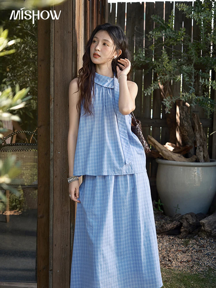MISHOW Women's 2 Piece Set 2025 Summer Female Vacation Fashion Plaid Hanging Neck Button Top A-line Half Skirt Set MXE39T0711