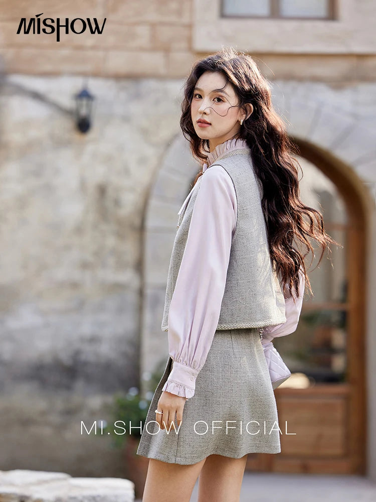 MISHOW Korean Woolen Texture Vest Short Skirt Separately Spring Outfit V-neck Vest Coats Slim A-line Pleated Skirts MXE13W0708