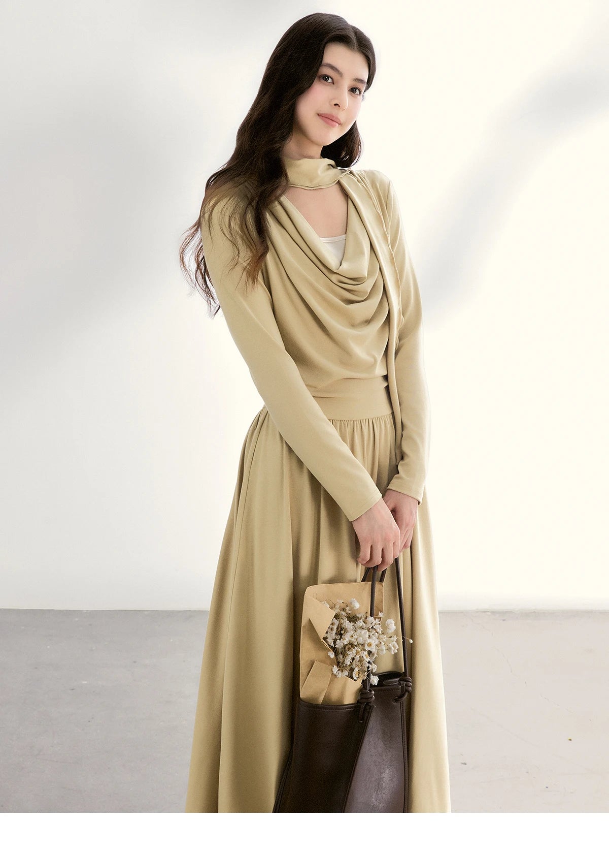 Mishow Khaki Swinging Collar Scarf Waist Dress MXF11L2552