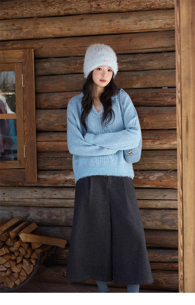 MISHOW Luxury Women's Sweaters 2025 Winter Blue Polo Collar Cable Knit Faux Mink Pullovers Loose Commute Tops Lady MXE88Z2756