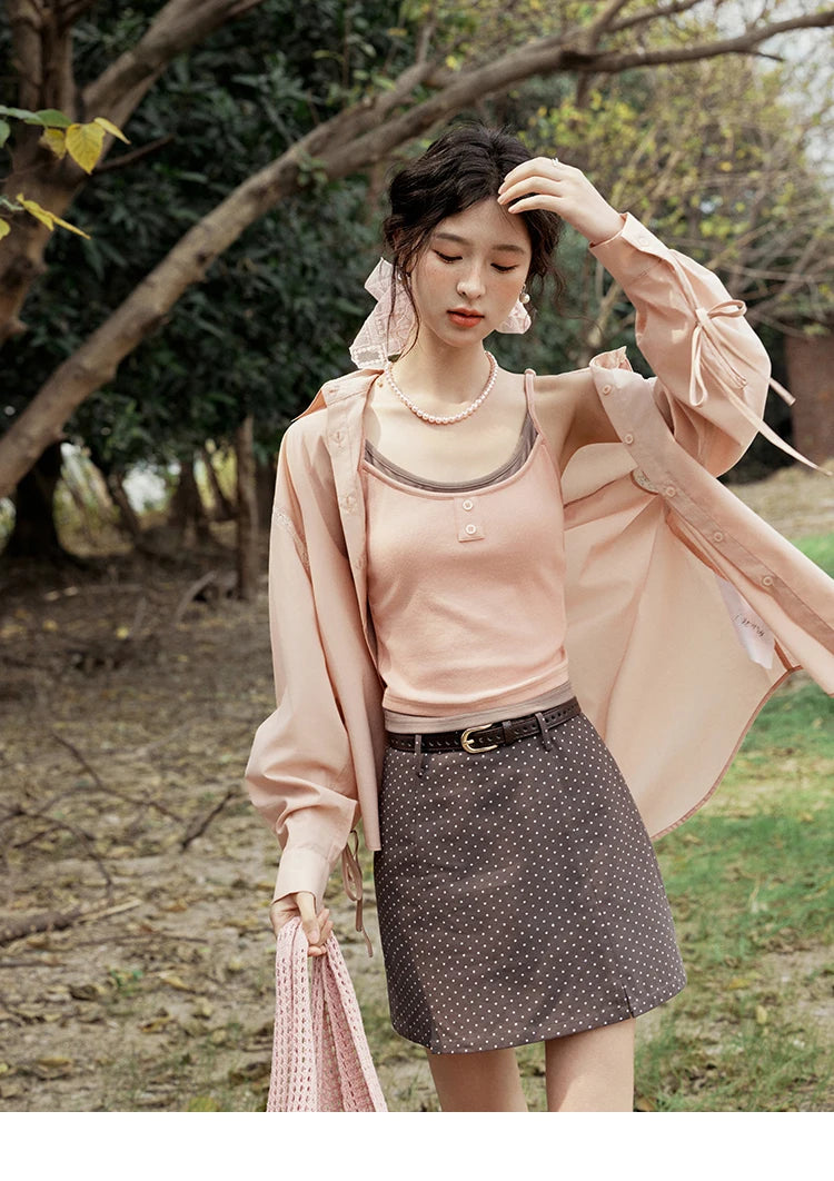 MISHOW Pink Long Sleeve Shirt for Women Spring 2025 Korean Splicing Lace Bow Tie Shirt Polo-neck Solid Versatile Tops MXE16C0767