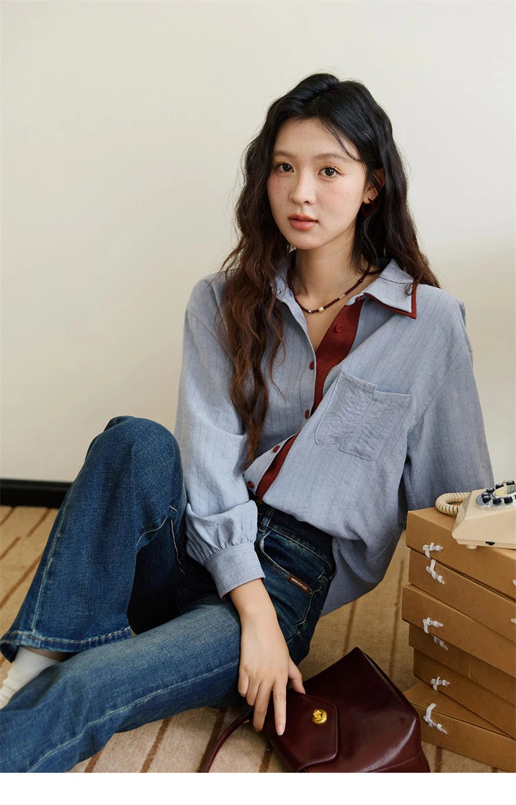 MISHOW Striped Shirt for Women Autumn 2025 Blue Red Splicing Contrasting Color Shirts Laple Loose Retro Commute Top MXE46C2405