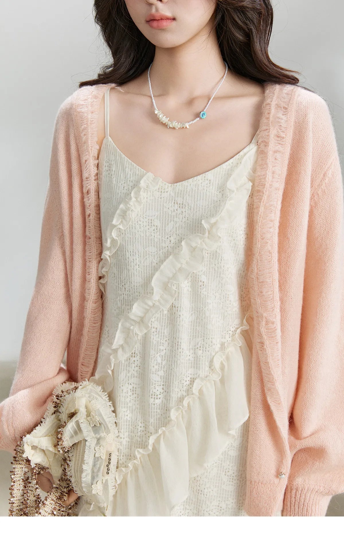 MISHOW Women's Cream Irregular Lace Slip Dress 2026 Spring V-Neck Ruffled Maxi Dresses Casual A-line Romantic Dress MXF108L1005