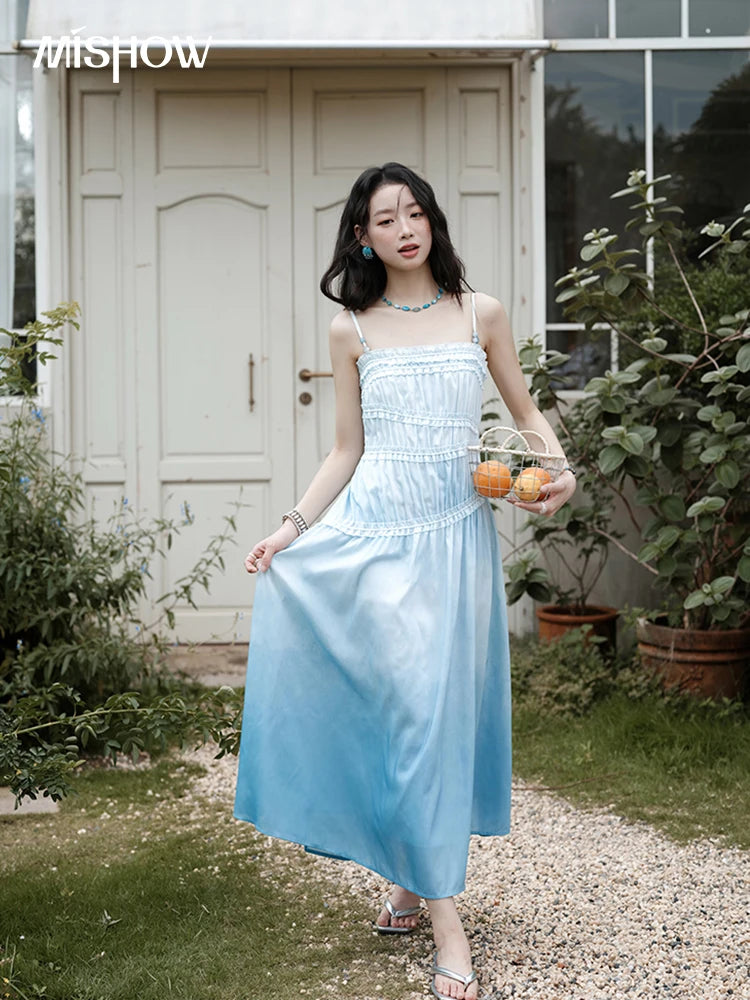 MISHOW Female Fashion Gradient Strap Dress 2025 Summer Sleeveless Black Fungal Edge Sashes Women's Vacation Dresses MXE34L2242