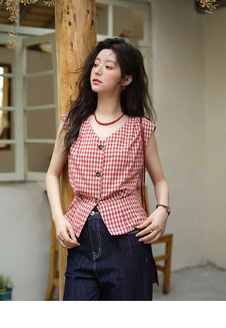 MISHOW Women's Fashion V-neck Shirt 2025 Summer New Plaid Ladies Red Button Shirt Casual Retro Top Female Clothing MXE37X1921