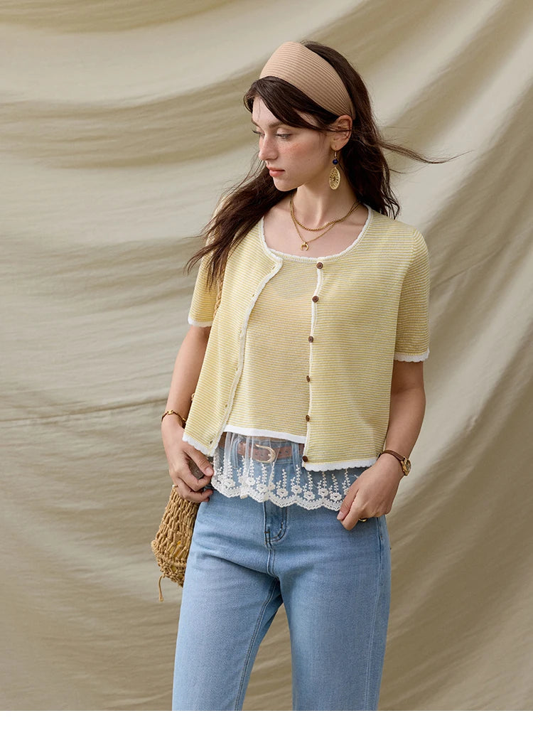 MISHOW Summer Camisole Cardigan Sets for Women 2025 Short Sleeve Round Neck Hem Lace Knitted Tops Female Fashion MXE33T0582