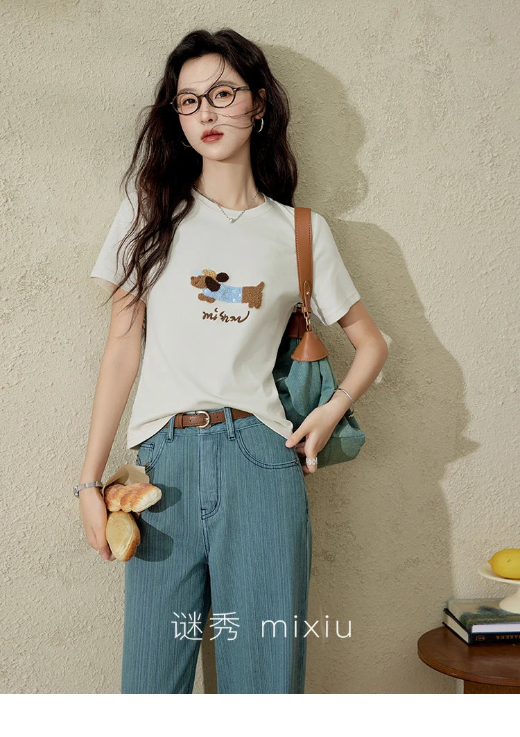 MISHOW Versatile Denim Straight Leg Pants for Women Spring 2025 Embroidery Pockets Commuting Loose Denim Trousers MXE14K0870