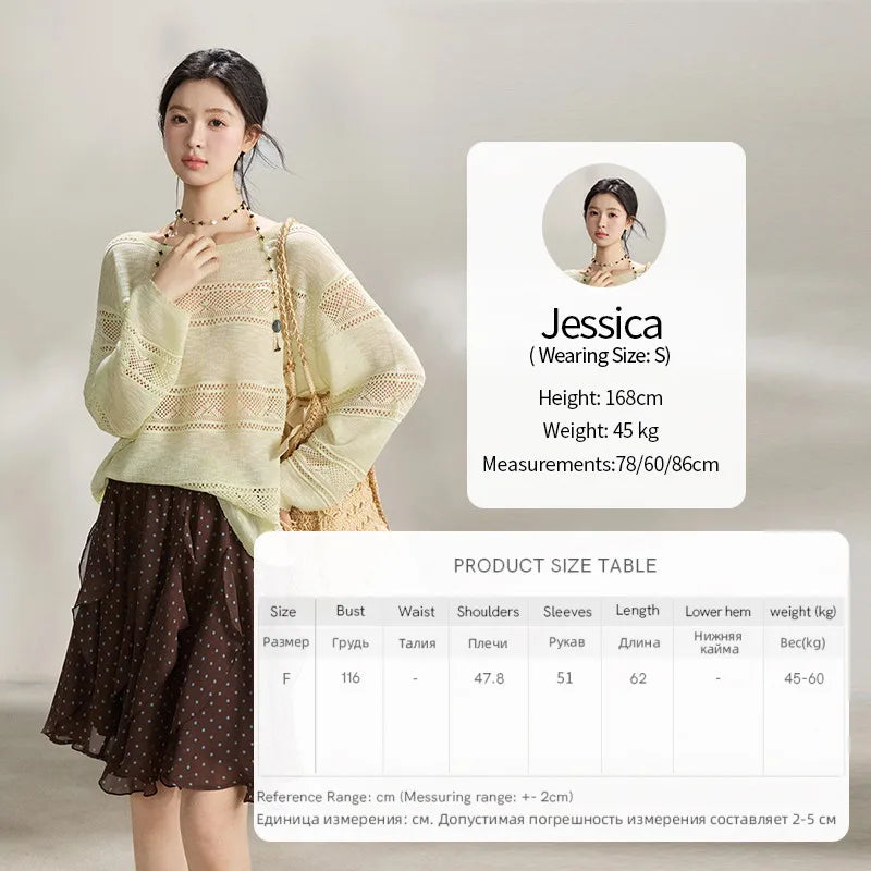 MISHOW Women's Pale Yellow Knit Top 2026 Spring Crew Neck Hollow Out Striped thin tops Casual Loose Sheer Sweater MXF13Z3020