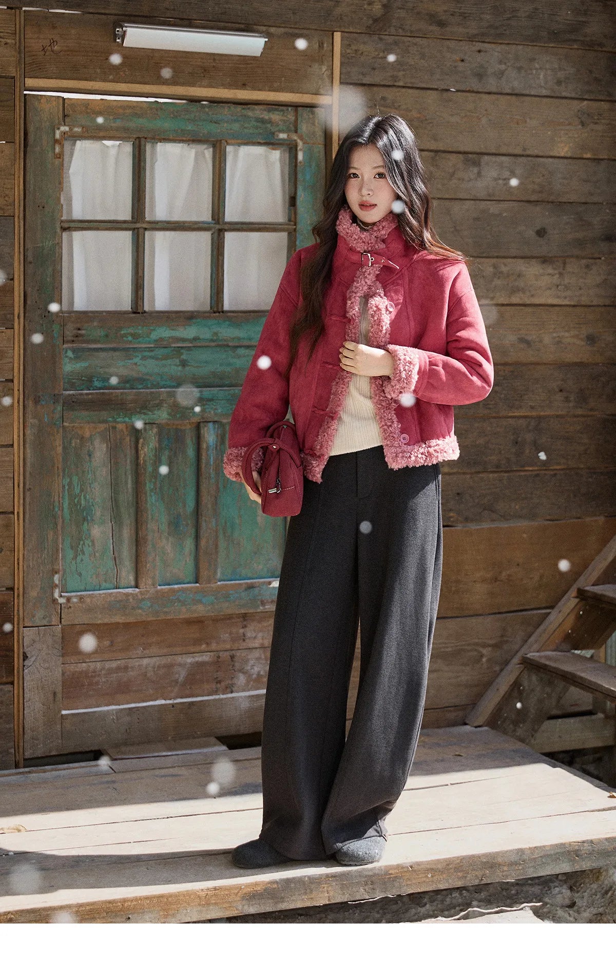 MISHOW Women's Gray Woolen Blend Wide-Leg Pants Winter High Waist Draped Straight Thick Back Elastic Waist Trousers MXE93K1143