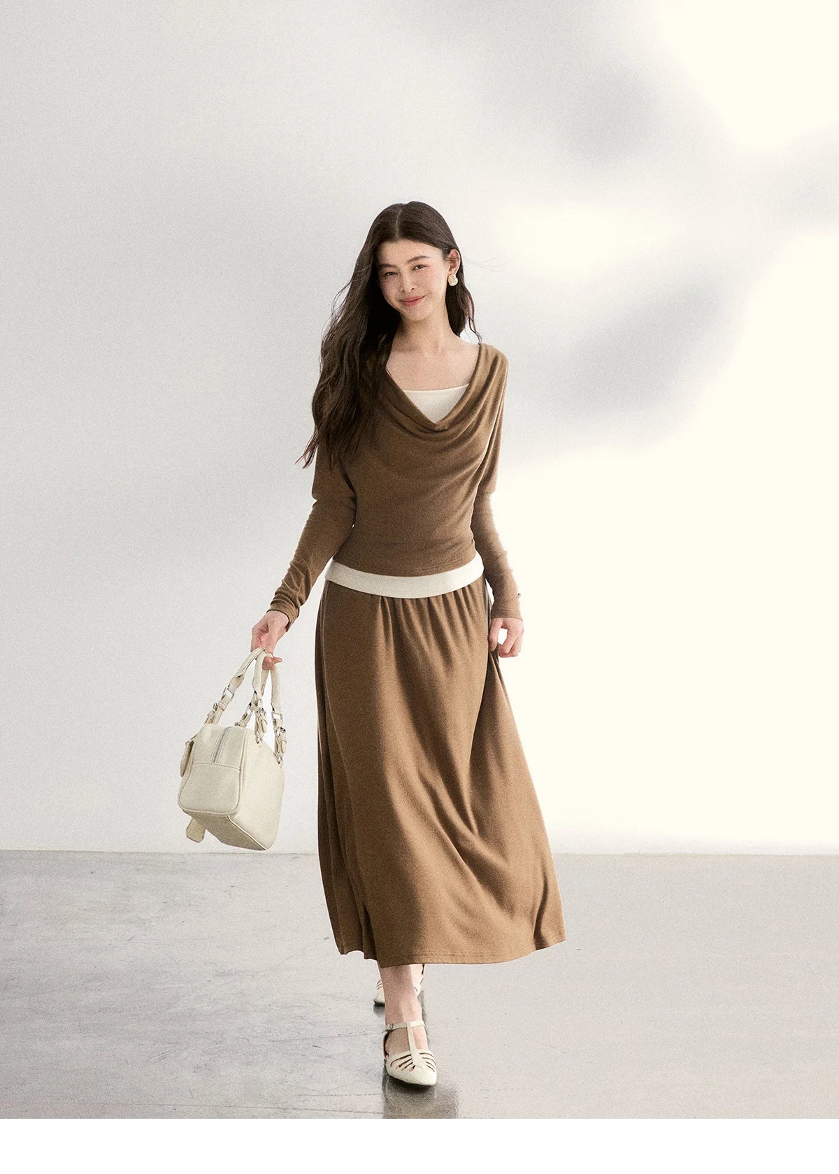 MISHOW Women's Draped Neck Tops with Camisole Two Piece Set 2026 Spring Long Sleeve Slim Casual Soft Brown Tops MXF11T1458