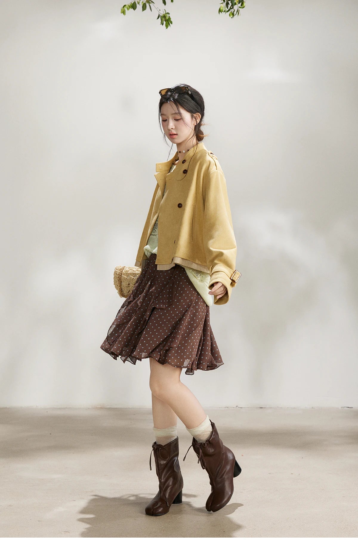 MISHOW Women's Yellow Double-Breasted Trench Stand Collar Coat Adjustable Cuffs Splicing Striped Hem Casual Outerwear MXF11W1026