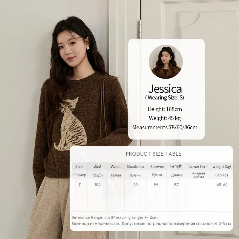 MISHOW Women's Brown Knitted Sweater 2025 Autumn Winter Cat Pattern Jacquard Crew Neck Sweaters Loose Pullover Tops MXE94Z2991
