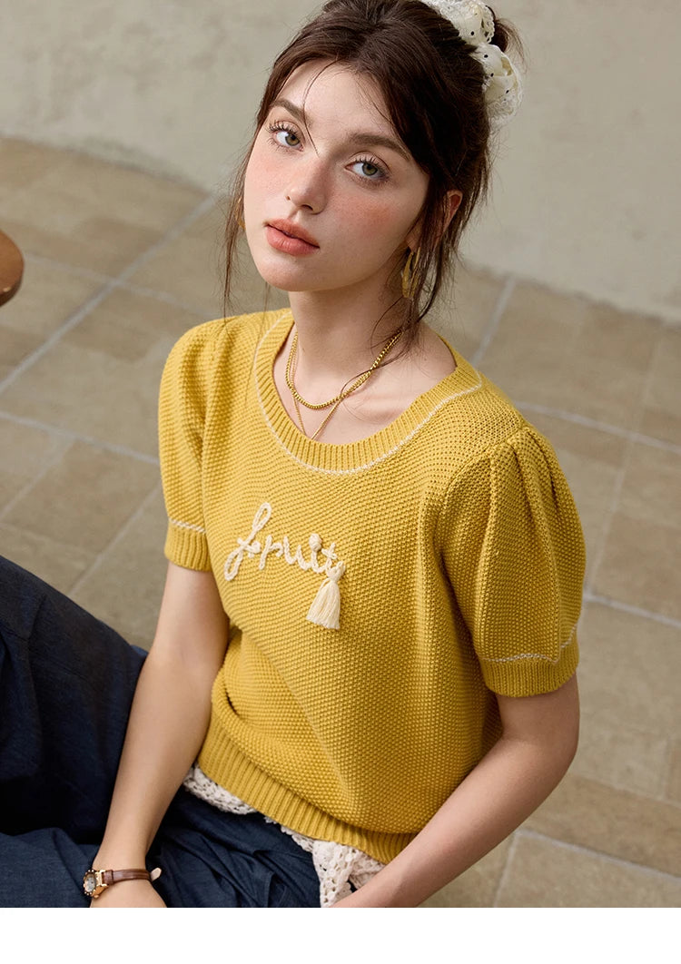 MISHOW French Knitted Pullover Women Summer 2025 Letter Short Sleeve Round Neck Slimming Sweater Female Fashion MXE33Z1219