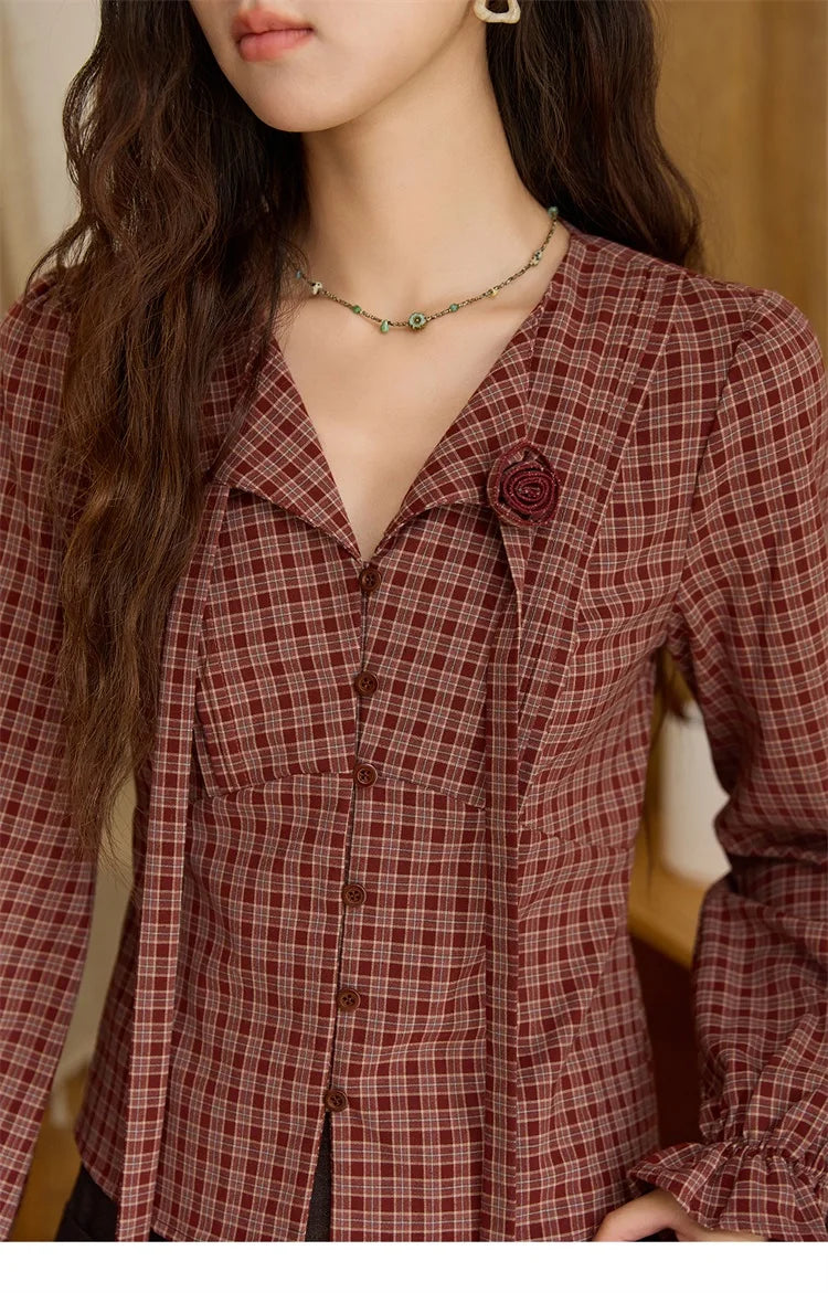 MISHOW Women's Red Tied Plaid Shirt 2025 Autumn New Arrival Sweet 3D Floral Turn-Down Collar Long-Sleeve Blouse Women MXE45X2481