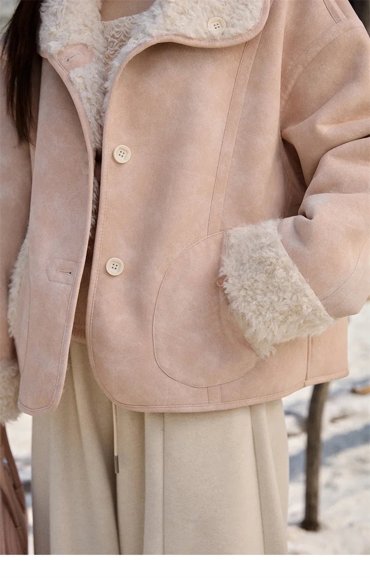 MISHOW Women's Double Sided Wearing Jacket 2025 Winter Lamb Wool Lapel Coat Warm Windproof Commuter Coat with Pockets MXE91W1015