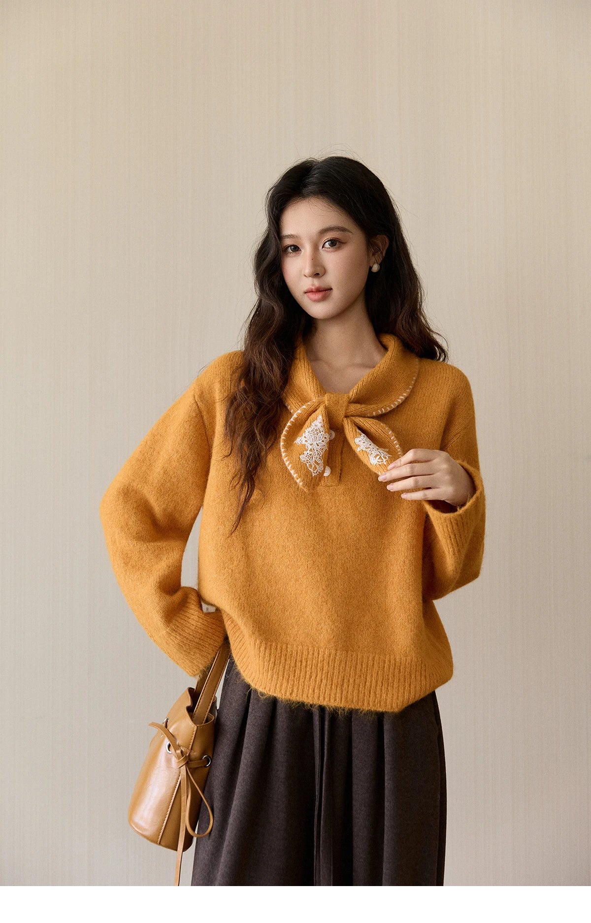 MISHOW Women's Yellow Knitted Sweater 2025 Autumn Winter Bow Collar Splicing Lace Tops Loose Warm Pullover Sweaters MXE94Z2971