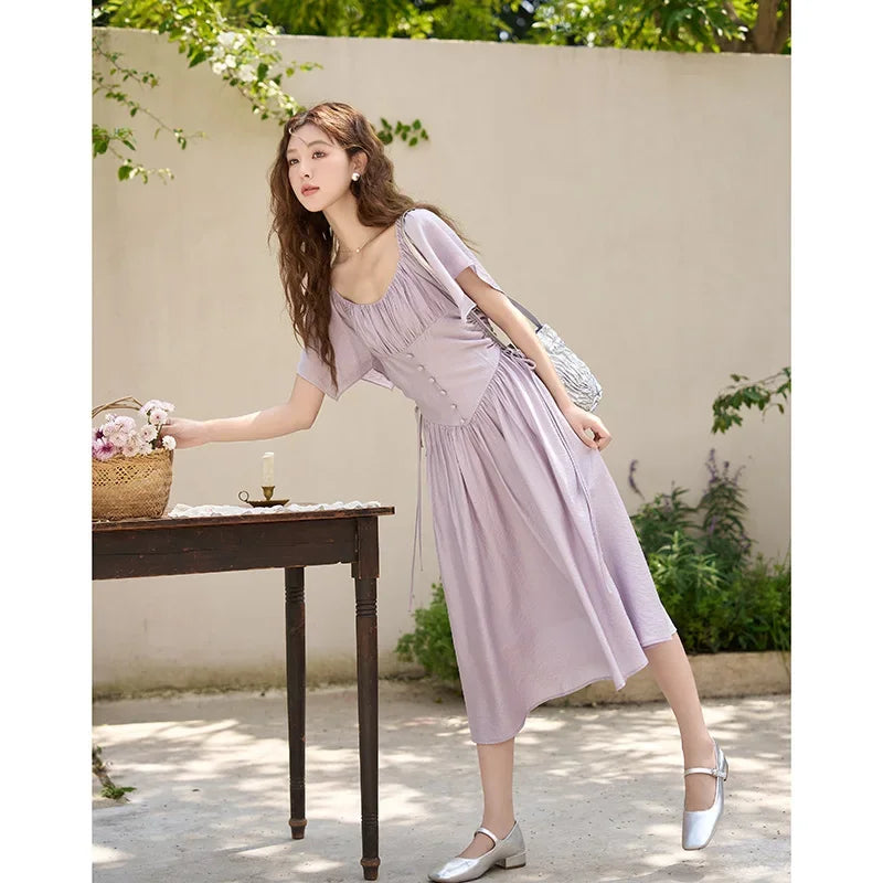 MISHOW Women's Elegant Dress 2023 Summer French A-LINE Butterfly Sleeve Square Collar Solid Lace-up Waist Dresses MXC38L1407