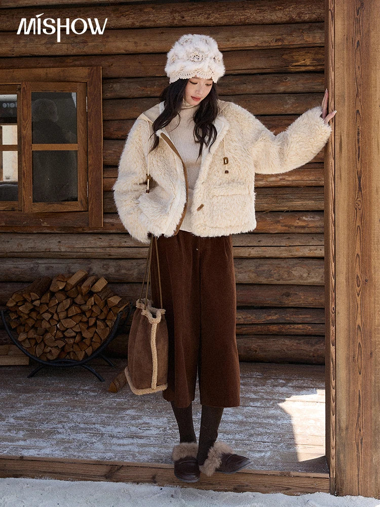 MISHOW Winter Jacket Women 2025 Fashion Beige Knitted Hooded Plush Coat Casual Commute Warm Windproof Short Coat MXE86W0908