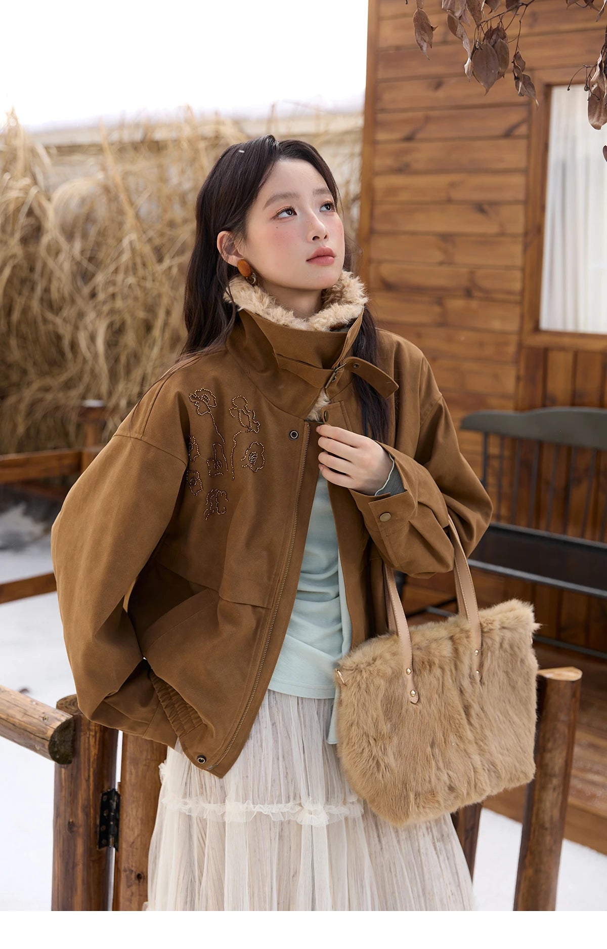 MISHOW Brown Suede Jacket for Women 2025 Winter New Detachable Fur Collar Coat commute Long Sleeve Zipper Jacket MXE51W0876