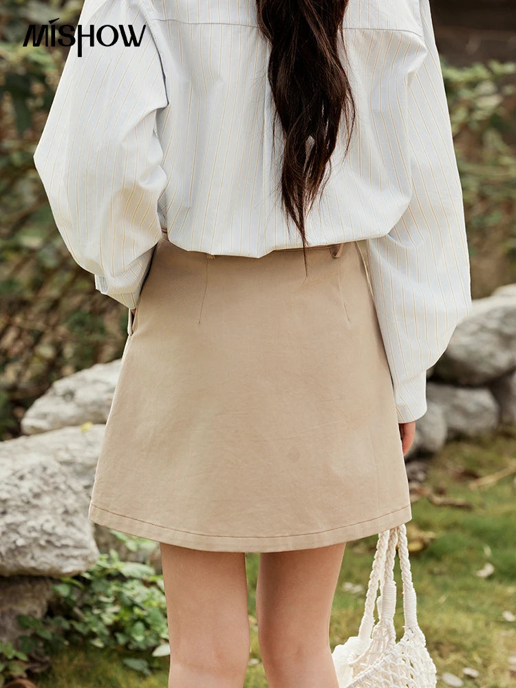 MISHOW Khaki A-line Short Skirt Spring 2025 100Cotton High Waist Versatile Skirt Zipper Pockets Skirt (Not with Belt) MXE15B0696
