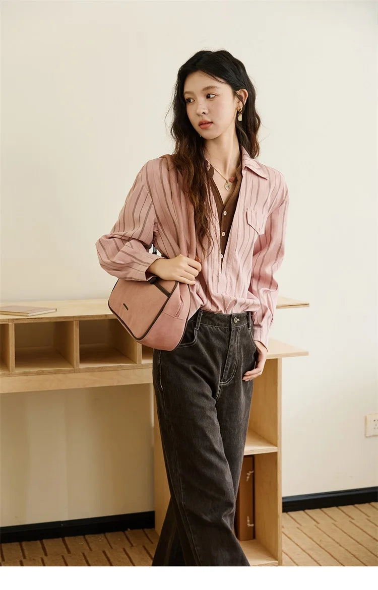 MISHOW Peach Skin Velvet Stripe Shirt for Women Autumn 2025 Double Layered Collar Contrasting Color Shirt Commute Top MXE47C2408