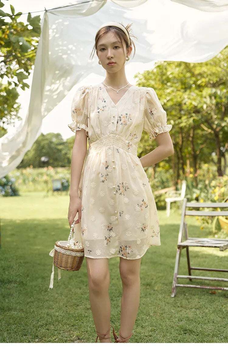 MISHOW Women's Chiffon Dress 2025 Summer French Elegant Floral Embroidered A-LINE V-Neck Sweet Knee-Length Dresses MXC38L1424