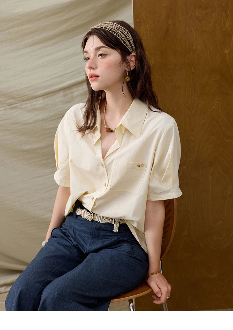 MISHOW New French Summer Shirts for Women New 2025 Short Sleeve Turn-down Collar Solid Slimming Blouses Lady Gentle MXE33C0778