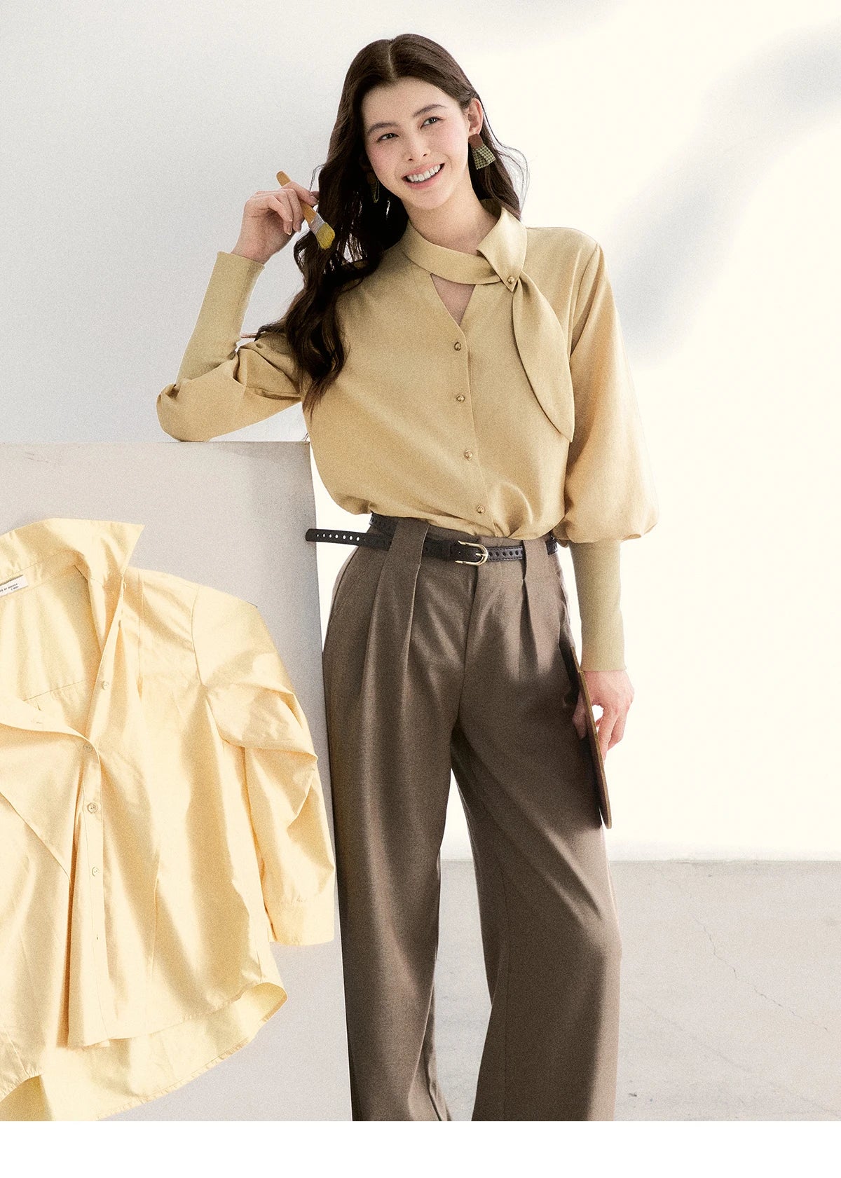 MISHOW Women's Tie Neck Shirts Spring Hollow-out Knitted Patchwork Puff Sleeve Tops Casual Elegant Shirt Office Lady MXF108C0812