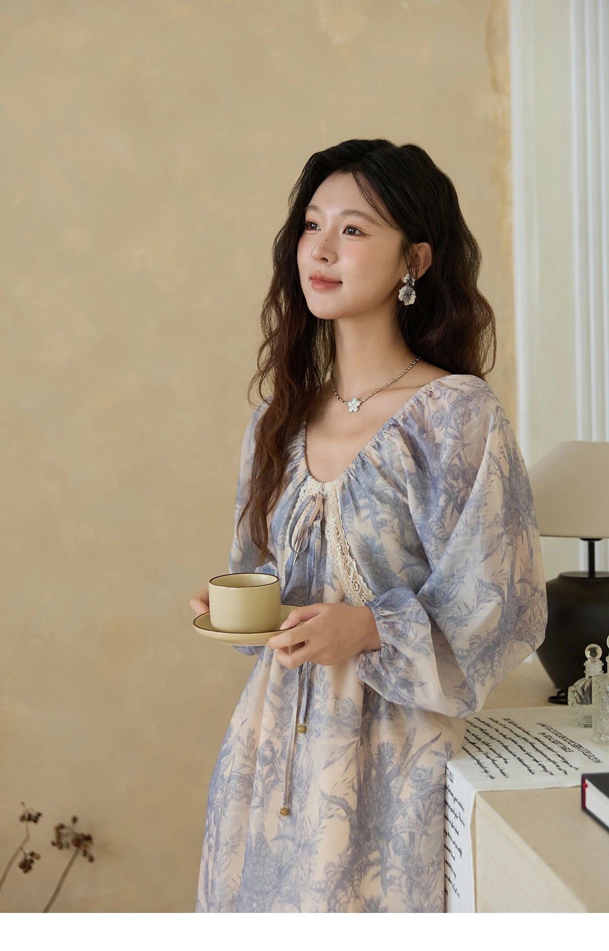 MISHOW Woman Elegant Dress 2025 Autumn Romantic Blue Floral Dress Lace Panel Drawstring A-line Long Dress Autumn MXE45L2507