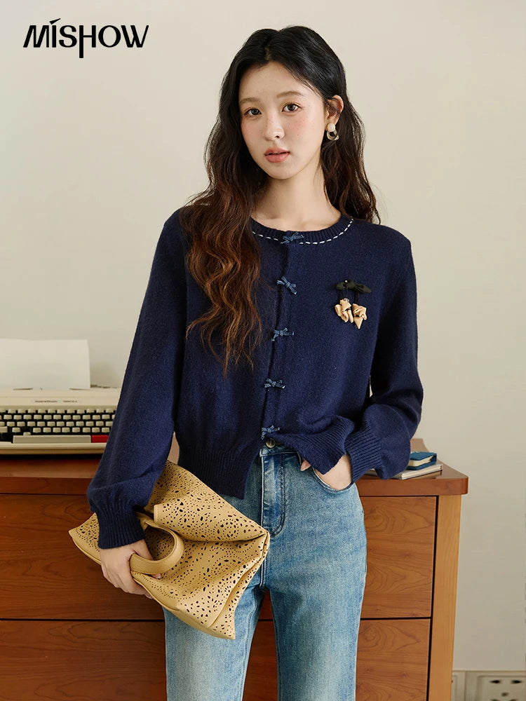 MISHOW Christmas Soft Knitted Cardigan Autumn Bow Placket Retro with Brooch Lantern Sleeve Sweaters O Neck Solid Top MXE45Z1377