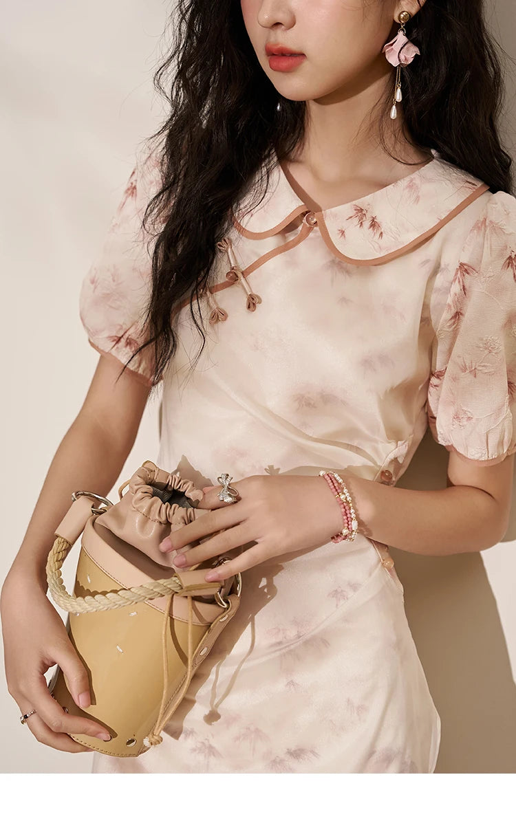 MISHOW Chinese Doll Collar Dresses 2024 Summer Improved Cheongsam Waist Pink Bamboo Printing Splicing Mesh Midi Dress MXD22L1829