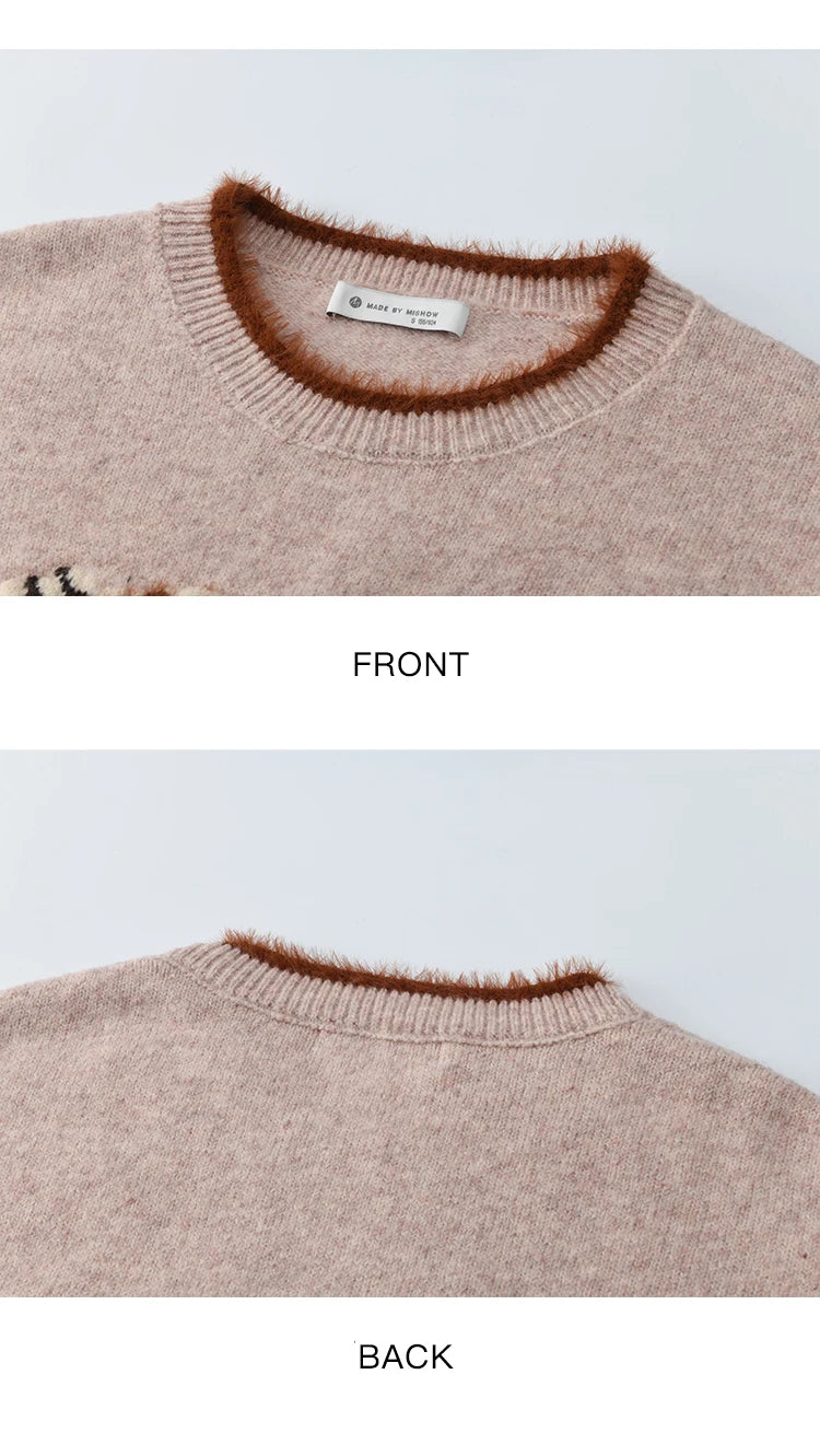 MISHOW Women's Horse Pattern Knit Sweater Winter Crew Neck Sweaters Collar Cuffs Splice Contrasting Faux Mink Fur Top MXE94Z2863