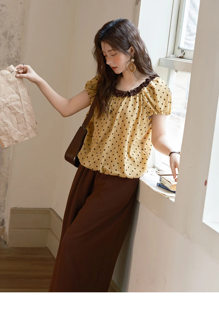 MISHOW 2025 Summer Women's Two Piece Set Polka Dot Puff Sleeve Top Casual Pocket Wide Leg Pants Set Female Clothing MXE39T0657